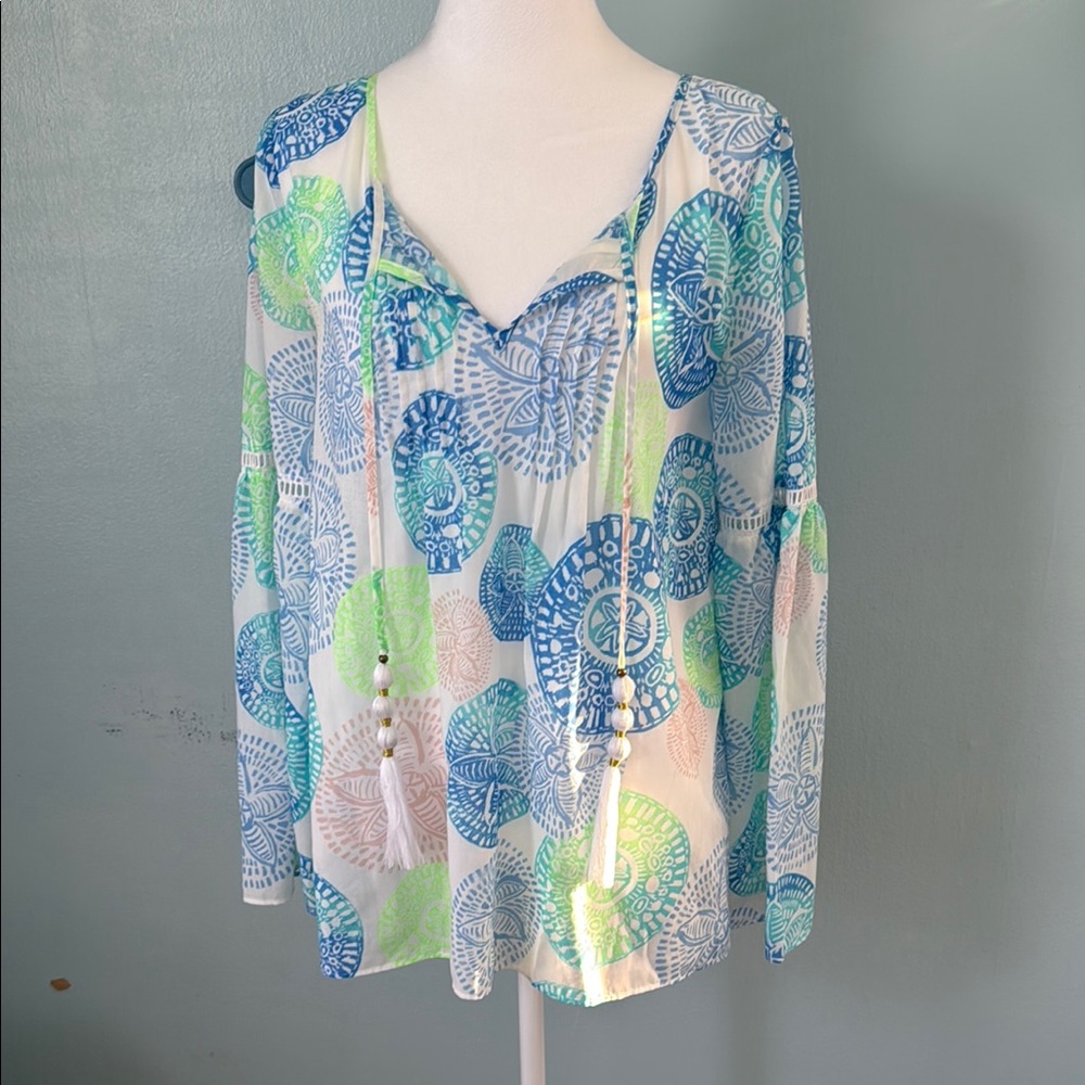 Colorful Patterned Blouse with Tassels